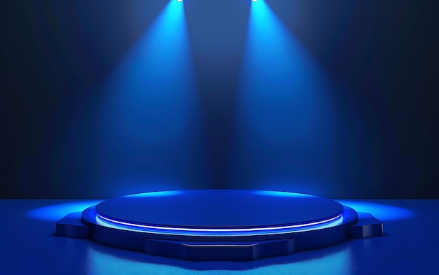 een blauw podium met een blauwe cirkel en een blauw licht erop