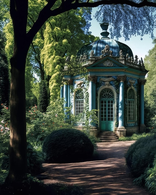 Een blauw prieel in een tuin met een loopbrug van rode baksteen.