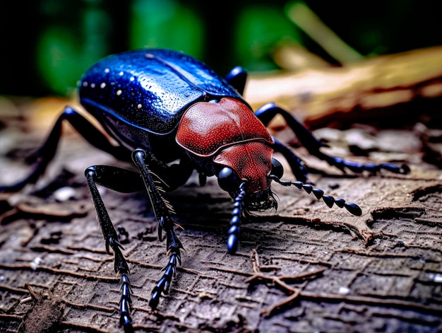 Een blauw-rode bug ligt op de grond.