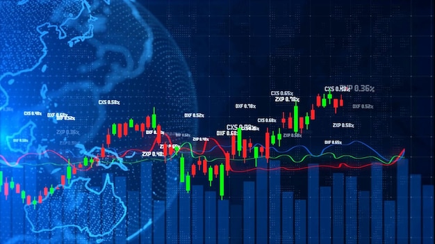 Een blauw scherm met een grafiek met de aandelenmarkt en de woorden 'aandelenmarkt'