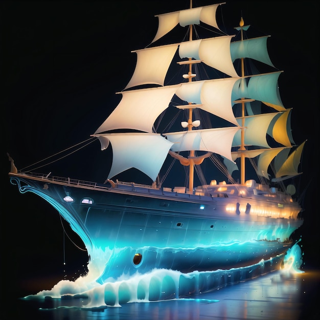 Een blauw schip met witte zeilen drijft in het water.