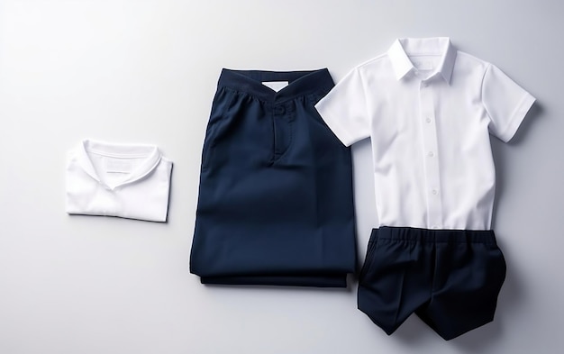 Een blauw shirt en korte broek staan naast een wit shirt en een wit shirt.