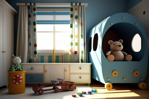 Een blauw speelgoedhuis met een teddybeer erin
