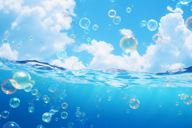 Een blauw water met bubbels en de hemel op de achtergrond