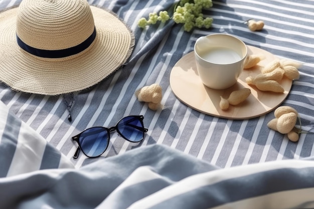 Een blauw wit gestreept tafelkleed met een blauw wit gestreepte stof met een witte hoed
