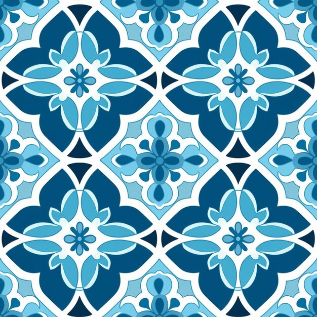 Een blauw-wit patroon met een bloemenontwerp in blauw.