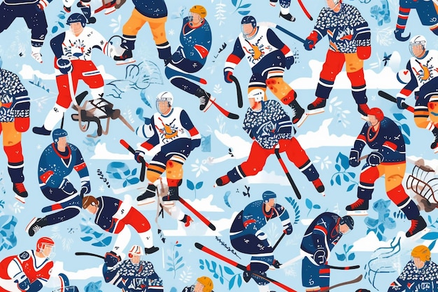 Een blauw-wit patroon van hockeyspelers met stickers en een sticker met ijshockey erop.