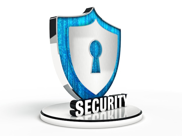 Een blauw-wit schild met een sleutelgat en het woord veiligheid erop.