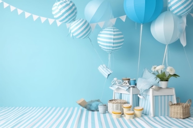 Een blauw-wit verjaardagsfeestje met ballonnen en een spandoek met de tekst 'babyshower'