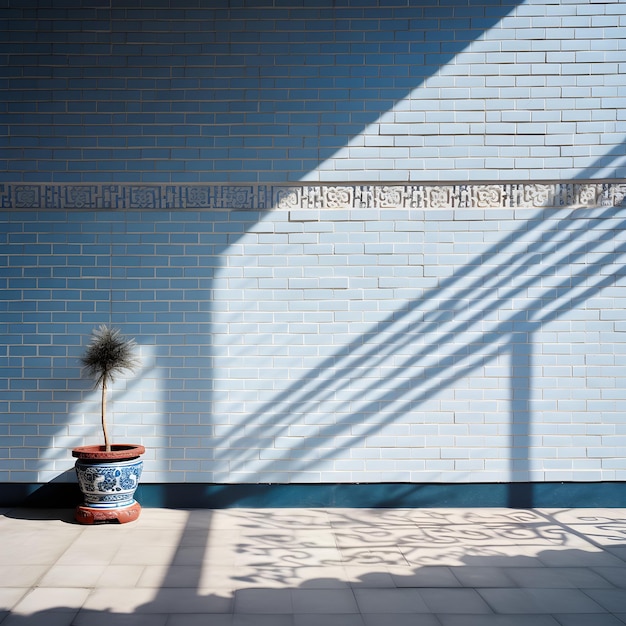 Een blauw-witte bakstenen muur met een plant erin