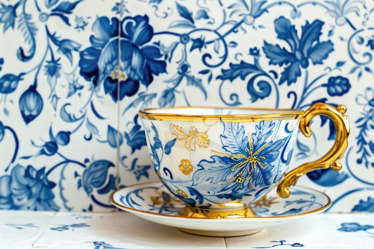 Foto een blauw-witte beker en schotel op een tafel klaar voor gebruik