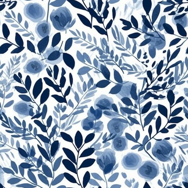 Foto een blauw-witte bloemenpatroon met bladeren en takken generatief ai