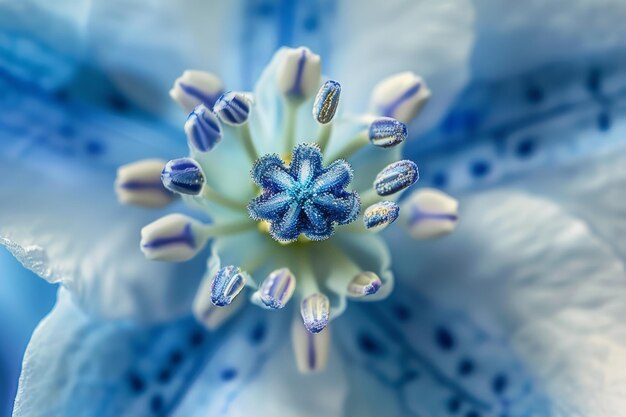 Een blauw-witte delphiniumbloem van dichtbij