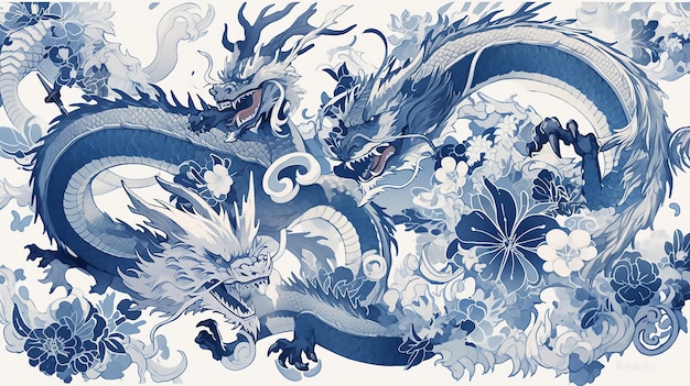 Een blauw-witte draak met een witte draak op zijn rug.