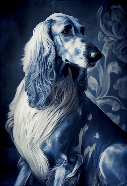 Een blauw-witte hond met een blauw patroon op zijn gezicht.