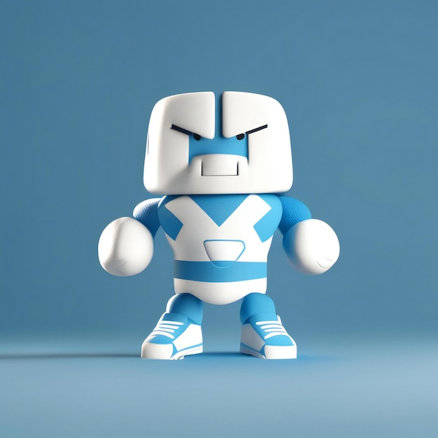 een blauw-witte robot met een blauw shirt erop