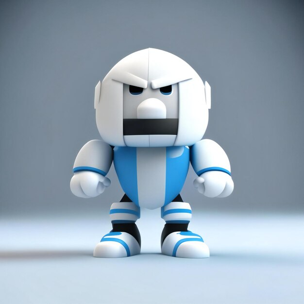 een blauw-witte robot met een blauw shirt erop
