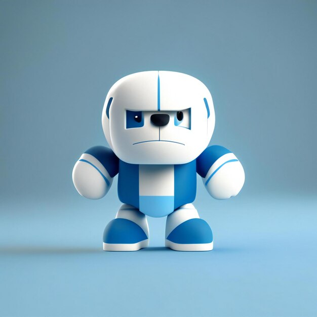 een blauw-witte robot met een blauw-wit shirt erop