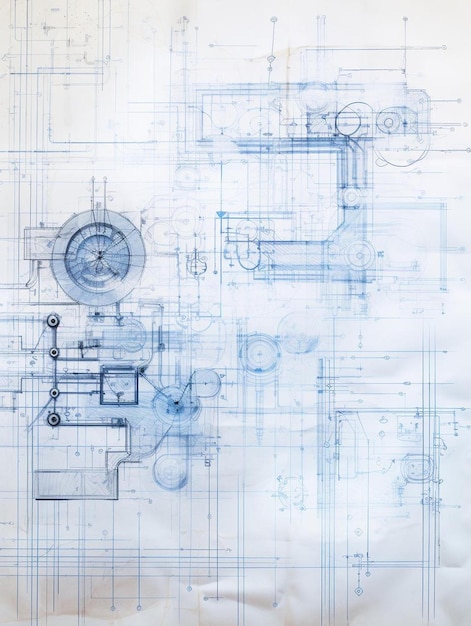 Een blauw-witte tekening van een mechanisch apparaat.