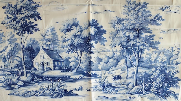 Een blauw-witte toile stof met een pastorale scène De scène bevat een huis in het midden met bomen en struiken aan weerszijden