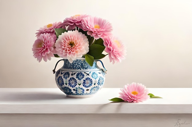 Een blauw-witte vaas met roze bloemen op een tafel.