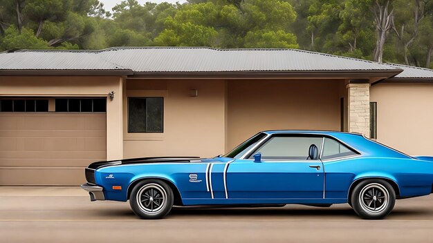 Een blauw-zwarte muscle car.