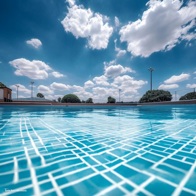 Foto een blauw zwembad met een bewolkte lucht en de woorden 