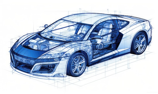 Een blauwdruk van een auto met de motorkap open