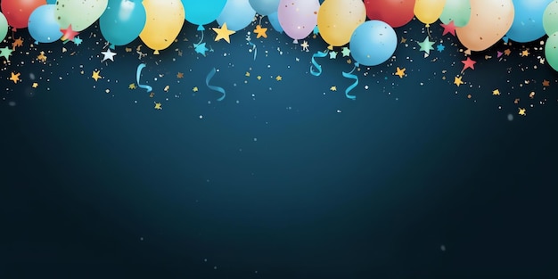 Een blauwe achtergrond met ballonnen en confetti.