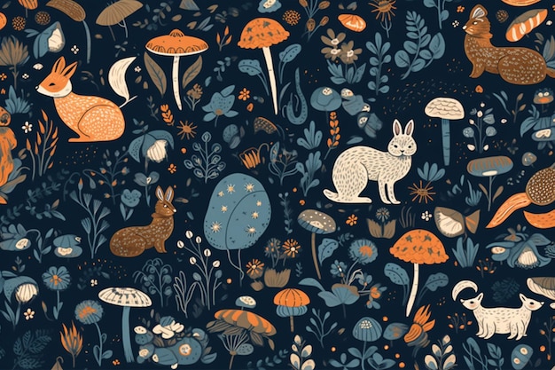 Een blauwe achtergrond met een dessin van konijnen en paddenstoelen.