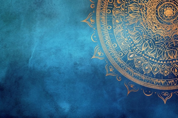 Een blauwe achtergrond met een gouden mandala-ontwerp.