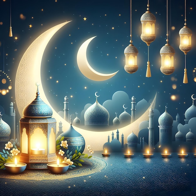 een blauwe achtergrond met een witte maan en een lantaarn met een moskee op de achtergrond