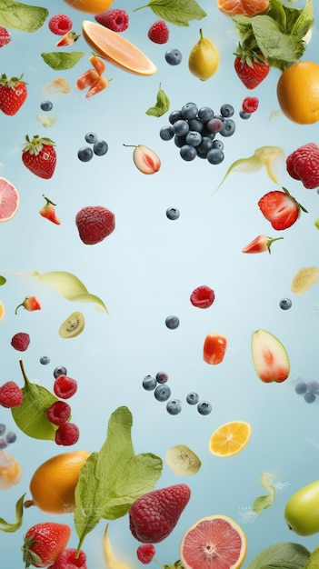 Een blauwe achtergrond met fruit en bessen die in de lucht vliegen