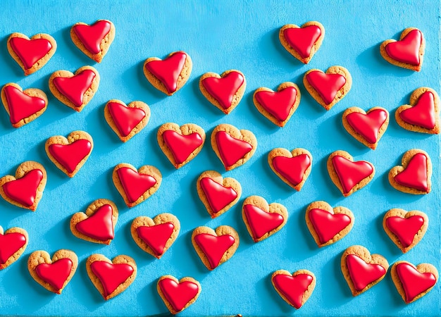 Een blauwe achtergrond met hartvormige koekjes met rode hartjes erop.