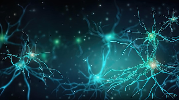 Een blauwe achtergrond met lampjes en de woorden neuron erop