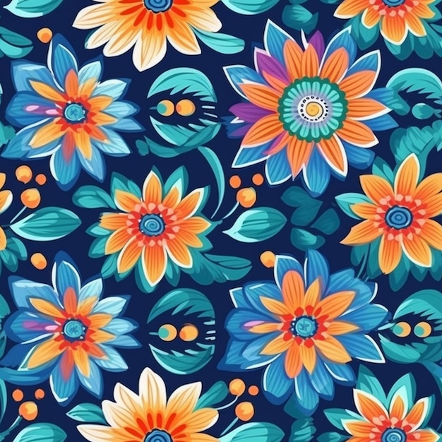 Een blauwe achtergrond met oranje en blauwe bloemen en bladeren generatieve ai