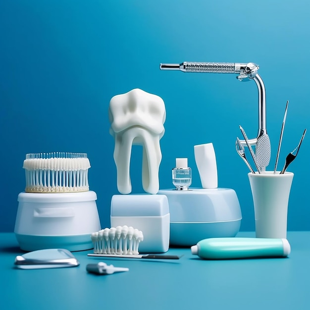 Een blauwe achtergrond met tandenborstels, tandenborstels en tandpasta.
