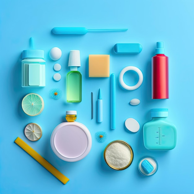 een blauwe achtergrond met verschillende items, waaronder medicijnen, medicijnen en medicijnen.