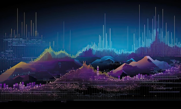 een blauwe achtergrond vol grafieken van financiële instrumenten in de stijl van lichtzwart en magenta