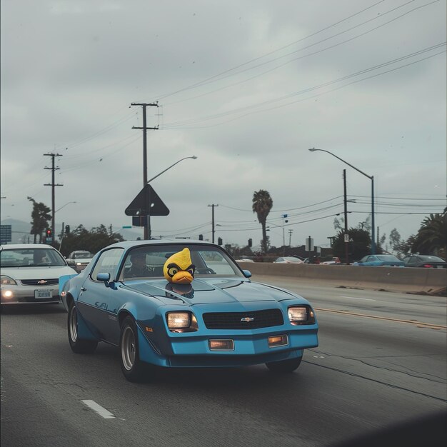 Foto een blauwe auto met een gele sticker aan de voorkant rijdt de weg af