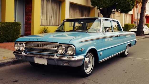 Foto een blauwe auto van de firma ford heeft het kenteken 509.