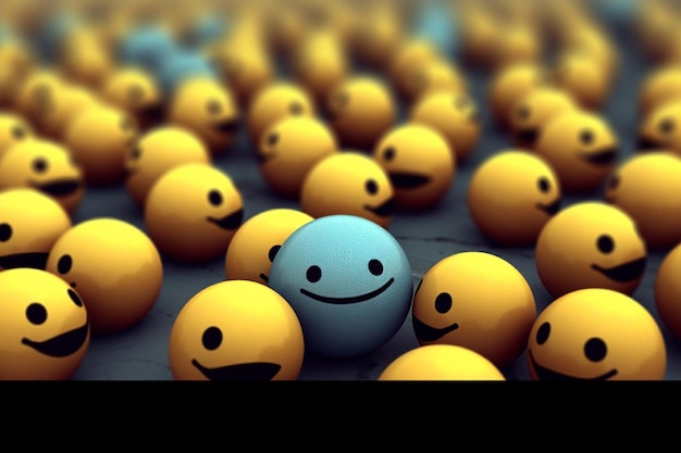 Foto een blauwe bal met een smiley zit in een groep gele ballen.