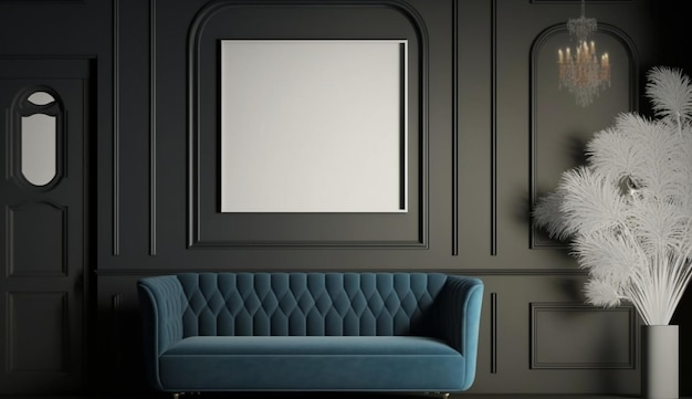 Een blauwe bank in een donkere kamer met een vierkant frame.
