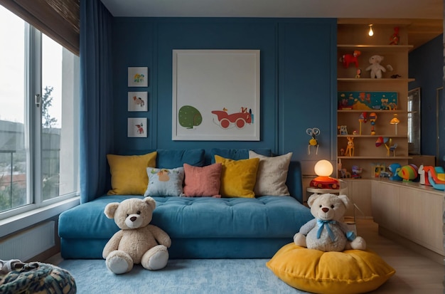 een blauwe bank met een teddybeer erop en een foto van een vlinder op de muur