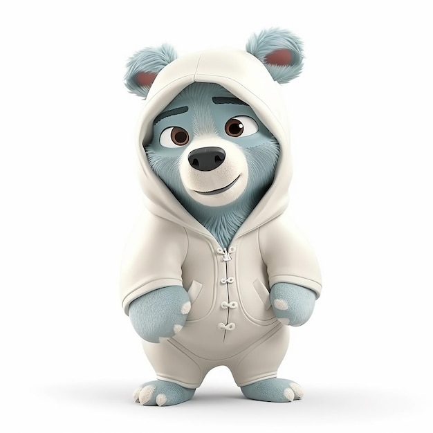 Een blauwe beer met een hoodie met het woord beer erop.