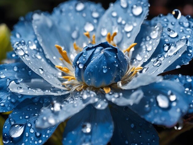 Een blauwe bloem bedekt met waterdruppels