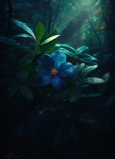 Een blauwe bloem in het donker