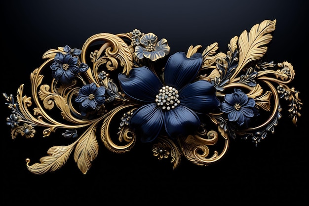 een blauwe bloem met gouden bladeren en bloemen erop