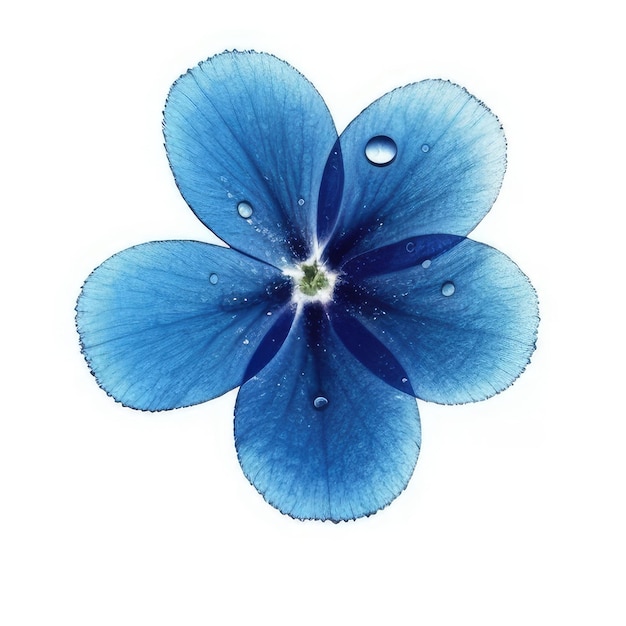 Een blauwe bloem met waterdruppels erop