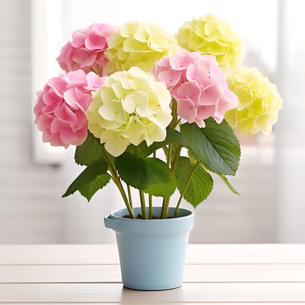 een blauwe bloempot met roze en gele bloemen op een tafel